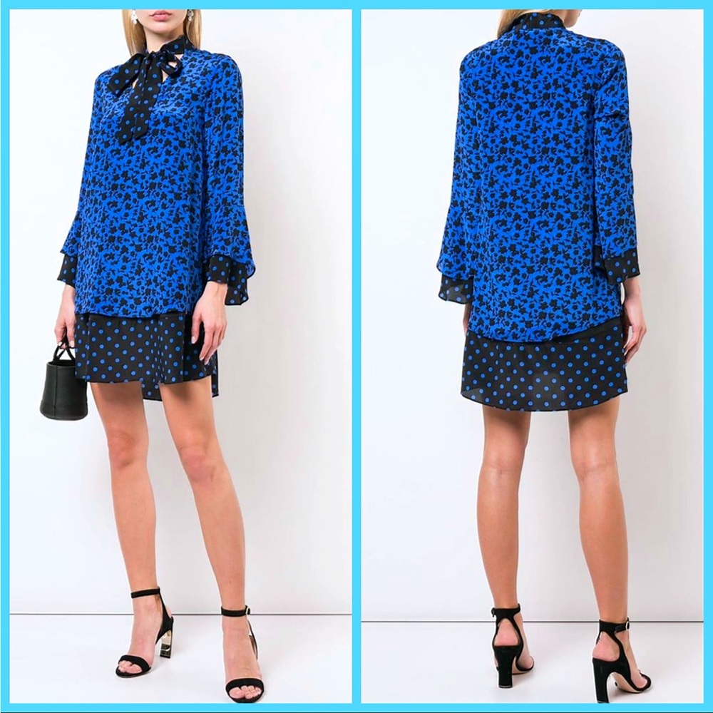 Alice + Olivia Wellesly Mixed Print Tie Neck Blue Black Mini Dress - Picture 15 of 16